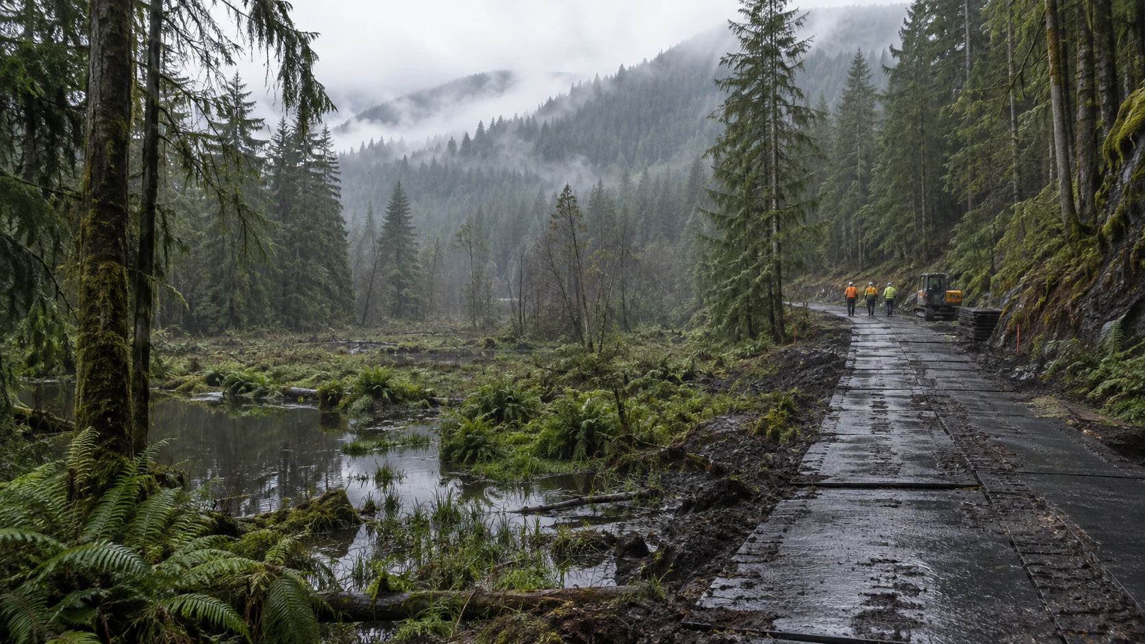 Corridor d’accès temporaire installé dans un milieu forestier humide