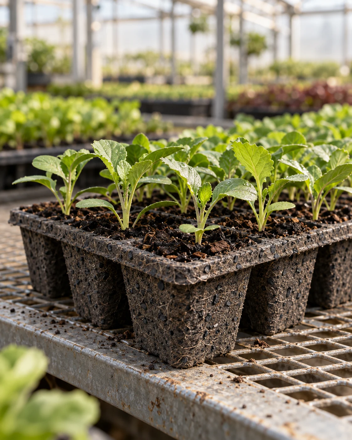 Plateau horticole sombre moulé en fibres avec de jeunes plants