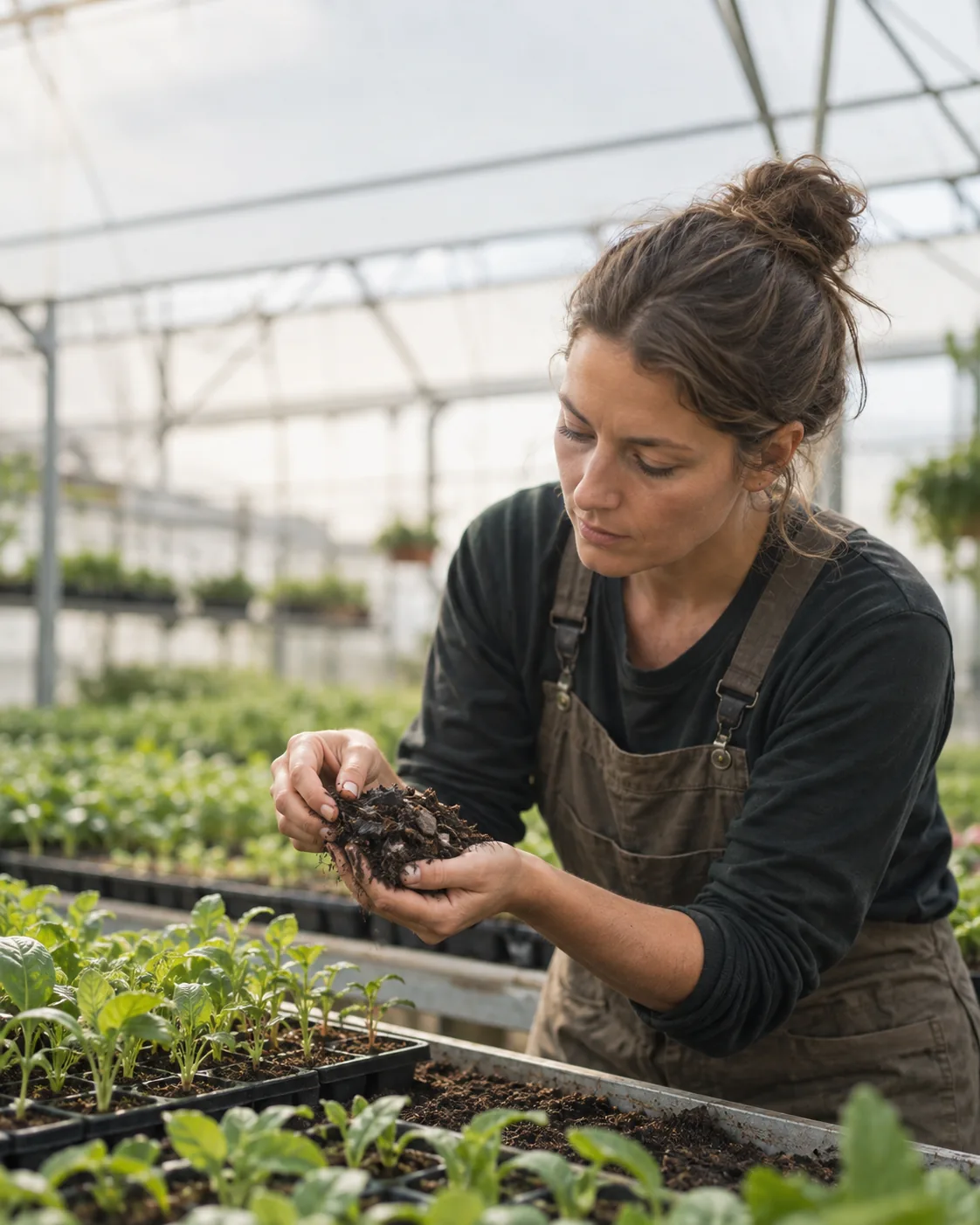 Horticultrice évaluant un substrat dans une serre