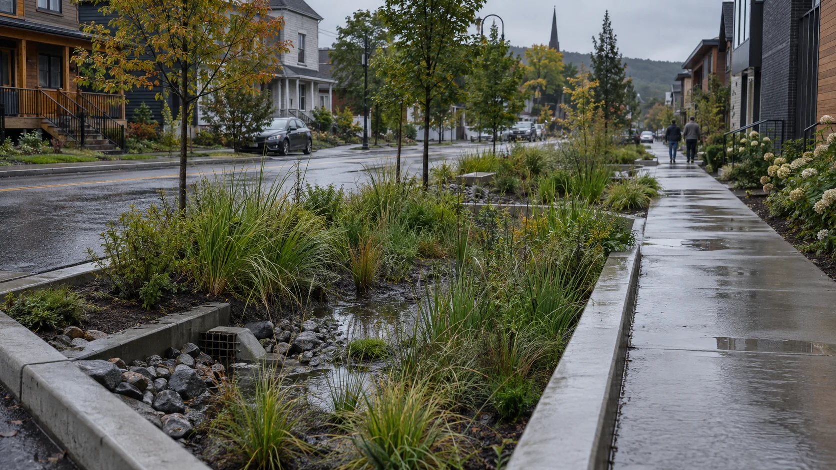 Infrastructure urbaine végétalisée reliant la gestion de l’eau, les sols et les déplacements