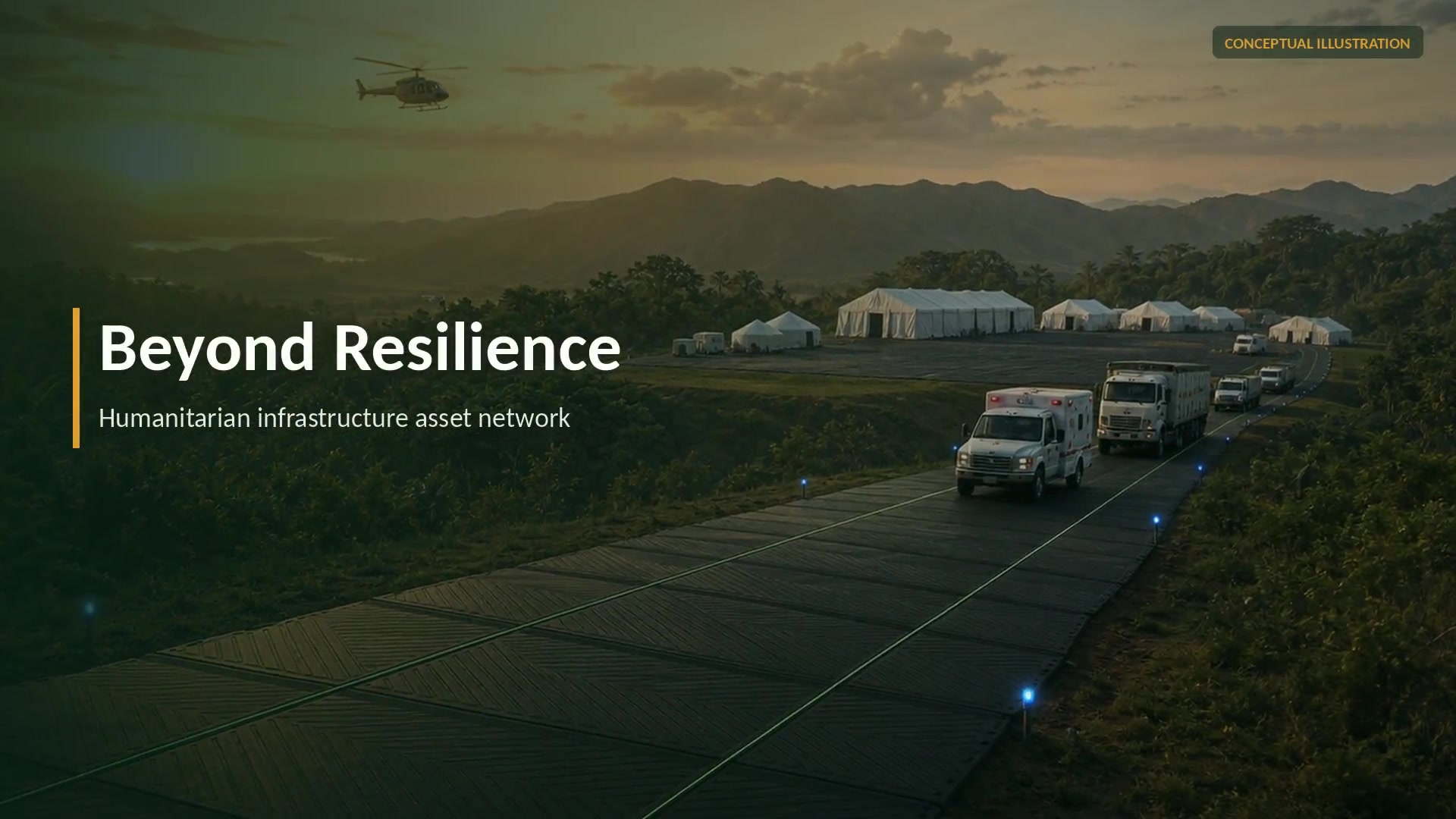 Humanitarian convoy travelling on modular access infrastructure toward a remote camp