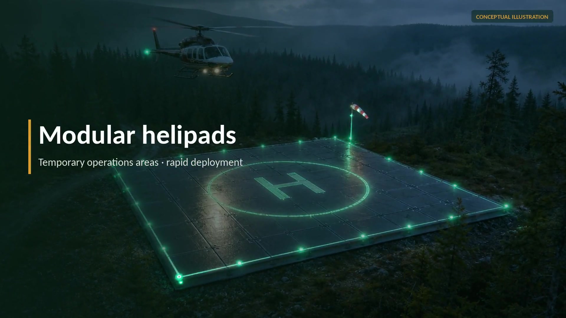 Helipuerto modular iluminado en un sitio aislado, con área operacional y gestión del agua