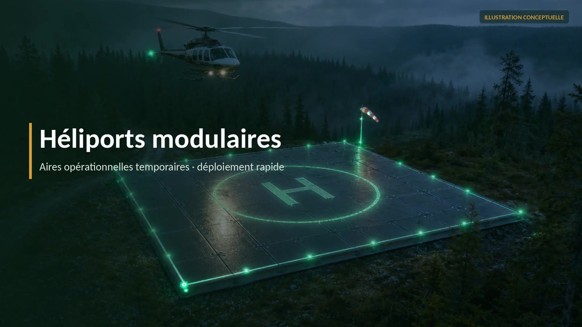 Héliport modulaire éclairé sur un site isolé, avec aire opérationnelle et gestion de l’eau