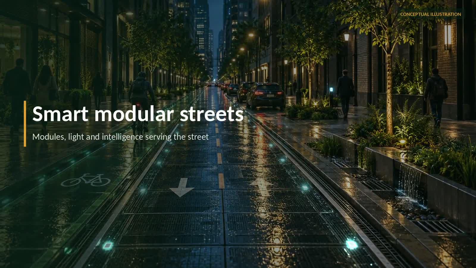Calle modular inteligente con señalización luminosa, gestión del agua y movilidad